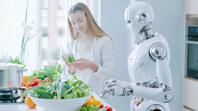 A Harmonious Kitchen Collaboration: A woman and a robot work together in a modern kitchen, with a shared passion for fresh ingredients and culinary creation.