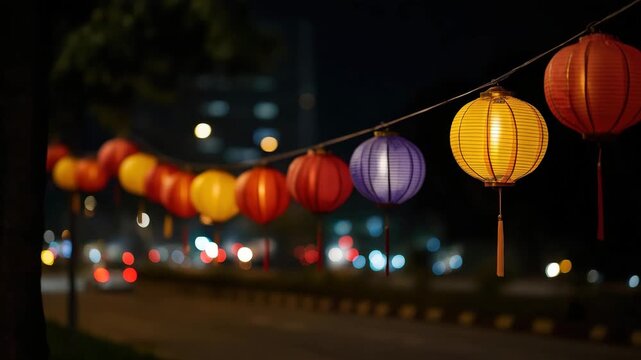 Beautifully illuminated paper lanterns dangle across a city street at night, creating a festive atmosphere and showcasing vibrant colors amidst urban life.