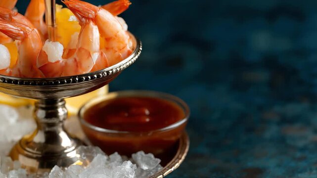 A stunning shrimp cocktail presentation featuring succulent shrimp on ice, served with zesty lemon slices and tangy dipping sauce, ideal for upscale gatherings.