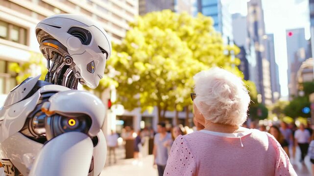 Futuristic Interaction: A cutting-edge android engages in a thoughtful exchange with a senior individual in a bustling urban environment.