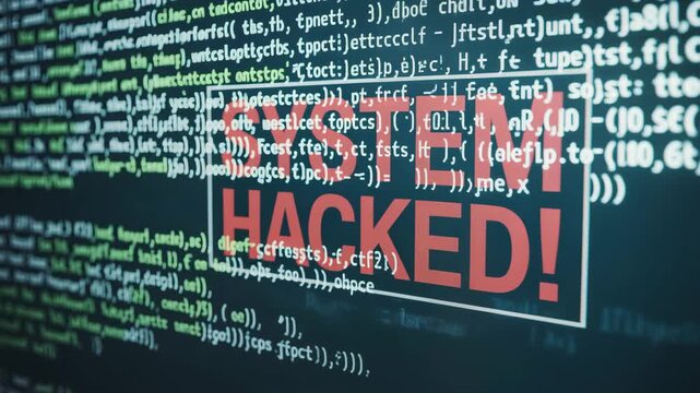 Cybersecurity Breach: A digital tableau exposes the ominous reality of a system hacked, displaying lines of encrypted code and a stark warning that amplifies the threats within the digital space. 