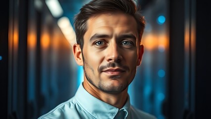 A technical specialist focuses intently with soft blue server room lighting.