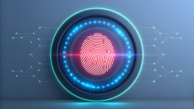 Red biometric fingerprint scan in futuristic circular digital interface for cyber security technology

