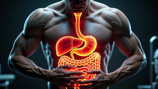 A holographic glowing digestive tract projected on a human torso showing discomfort, constipation, constipation relief, laxatives