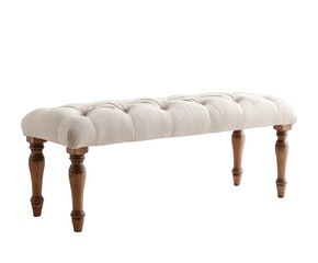 Tufted upholstered bench with carved wooden legs isolated on transparent background