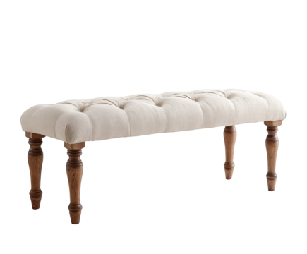Tufted upholstered bench with carved wooden legs isolated on transparent background