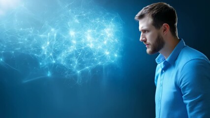 Professional male experiencing intense mental strain from overwhelming digital neural network visualization surrounding his head, symbolizing technological information complexity - Powered by Adobe