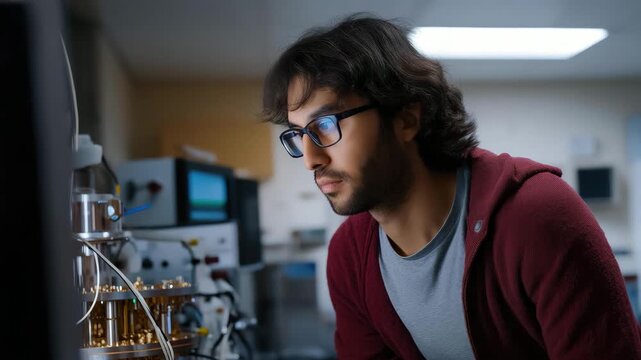 A dedicated young man engrossed in his work in a lab, highlighted by a modern setting where curiosity and innovation thrive through science and technology.