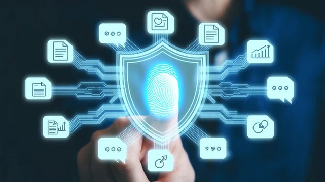 Data Security Protection: A futuristic image presents the concept of digital security. A finger touches a glowing shield with a fingerprint. - Powered by Adobe