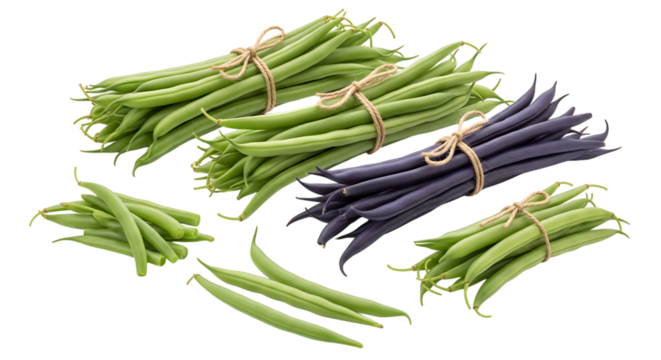 Green beans and purple beans isolated on transparent background