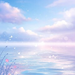 Pastel ocean landscape. Ethereal sea with clouds and butterflies in a dreamy light.
