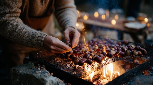 Roasting chestnuts over an open fire in a rustic setting during a cozy evening gathering
