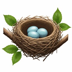 Bird's nest with blue eggs. Realistic illustration of a nest on a branch with green leaves.
