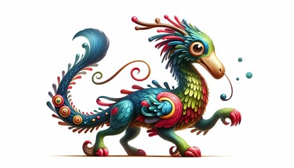 Colorful magic dragon. Whimsical fantasy creature illustration with vibrant scales and horns.
