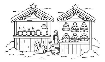 Fototapeta premium Cozy winter market stalls with warm beverages and handmade gifts