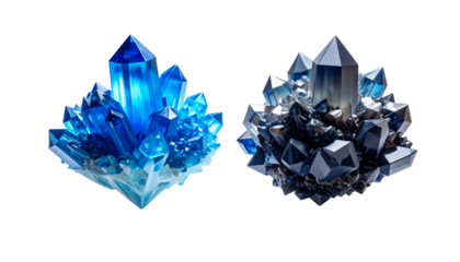 Pair of sparkling gemstone crystal clusters isolated on transparent background