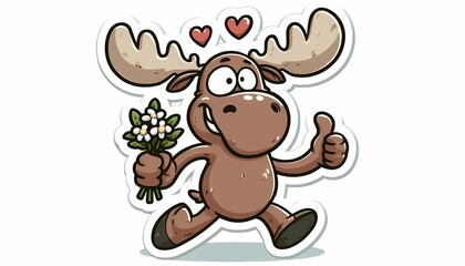 Cute cartoon moose with flowers. Funny animal mascot giving a thumbs up.
