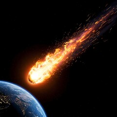Burning meteor entering Earth's atmosphere. Dramatic cosmic asteroid strike with fire and stars.
