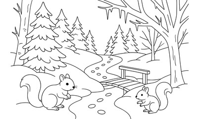 Fototapeta premium Whimsical winter forest scene with squirrels and icy creek path