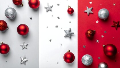 Festive Christmas ornaments and star decorations scattered across a divided white and red background