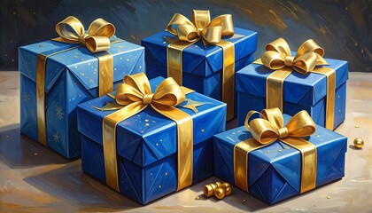 Five blue wrapped gifts with gold ribbons sit atop a light surface, some scattered gold baubles accent the scene