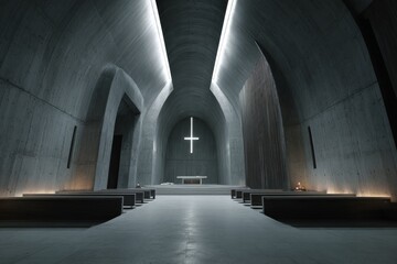 Minimalist concrete chapel interior with illuminated cross and benches.