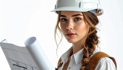 Portrait of a confident young female architect or engineer in a white hard hat, holding building blueprints and looking at the camera