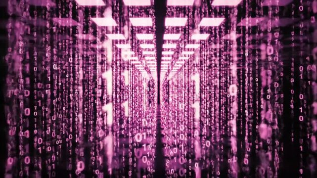 Flowing binary code streams cascade through glowing corridor in vivid magenta tones creating an abstract futuristic data tunnel in seamless 4k loop animation