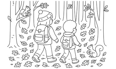 Obraz premium Children walking in autumn forest line art with squirrels and falling leaves