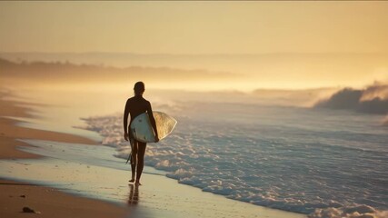 A surfer enjoying a serene sunrise walk along the beach with their board. - Powered by Adobe