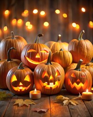 Spooky halloween pumpkins carved jack o lantern glowing faces vertical orientation 4x5 background ideal for advertising flyers posters social media visuals marketing design with logo space