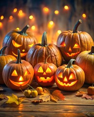 Creepy halloween pumpkins carved glowing jack o lantern faces vertical 4x5 festive background suitable for advertising templates posters social networks marketing campaigns with logo or text