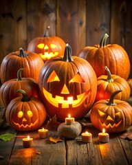 Vertical halloween background with scary pumpkins jack o lantern lights carved faces festive atmosphere 4x5 template for advertising commercial graphics social networks branding with text area