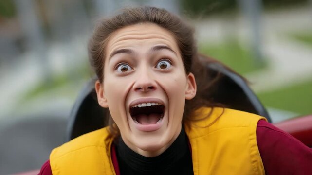 A joyful woman expresses her excitement and thrill on a roller coaster, capturing the essence of fun and adventure in an amusement park atmosphere.