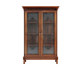 Ornate antique wooden display cabinet with glass doors and intricate carvings, isolated on transparent background