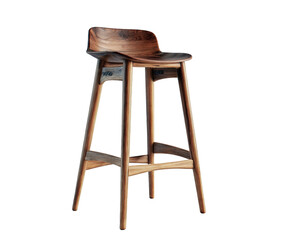 Modern wooden bar stool with curved seat and tapered legs, isolated on transparent background