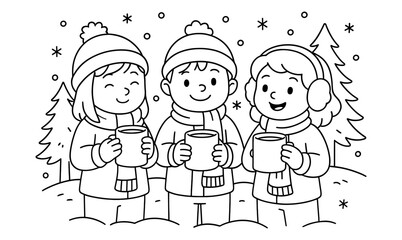 Winter coloring page with kids enjoying hot chocolate in snowy scene