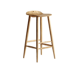 A minimalist wooden bar stool with a saddle seat and four legs, isolated on transparent background