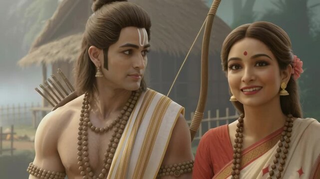 Ram and Sita Sitting Peacefully at Forest Ashram &mdash; cinematic stock footage featuring rich detail, vibrant atmosphere, and realistic motion. Perfect for mythology, documentaries, reels, and VFX scenes.