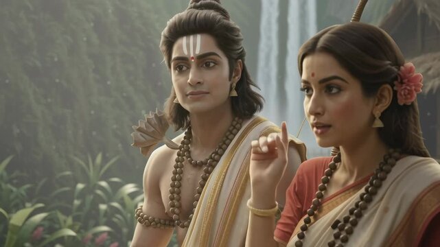 Ram and Sita Sitting Together Near Waterfall &mdash; cinematic stock footage featuring rich detail, vibrant atmosphere, and realistic motion. Perfect for mythology, documentaries, reels, and VFX scenes.