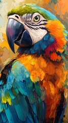 Obraz premium Portrait of a bright macaw with colorful feathers and an expressive gaze, artistically rendered—useful for design, illustrations, book covers, and children's magazines.