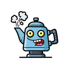 Funny Cartoon Robot Teapot Character with Steam.