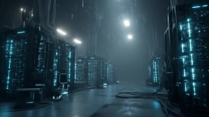 Dark, futuristic server room with glowing blue racks. High-tech digital infrastructure for big data, cloud computing, and AI technology. - Powered by Adobe