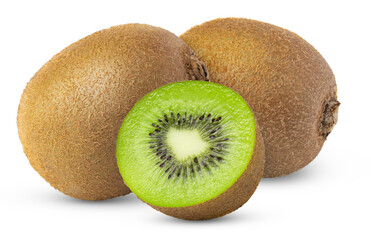 Two ripe whole green kiwis fruits and half of kiwi fruit isolated.