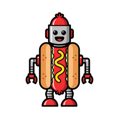 Cute Hot Dog Robot Character with Mustard and Ketchup.