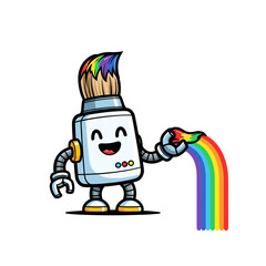 Cute Robot Paintbrush Character Painting a Vibrant Rainbow.