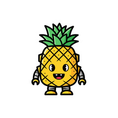 Cute Robot Pineapple Character with Friendly Face and Green Leaves.