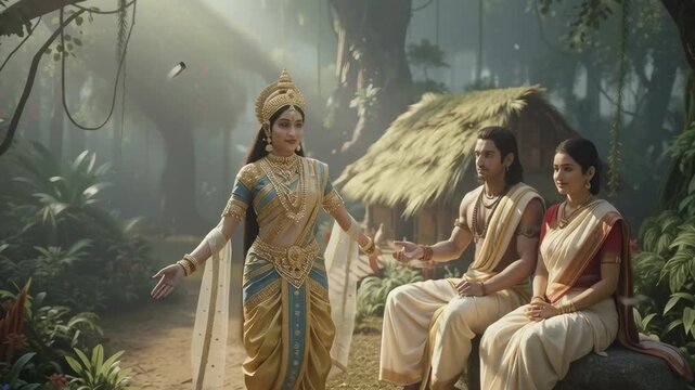 Ram Sita Lakshman Sitting Together at Ashram &mdash; cinematic stock footage featuring rich detail, vibrant atmosphere, and realistic motion. Perfect for mythology, documentaries, reels, and VFX scenes.