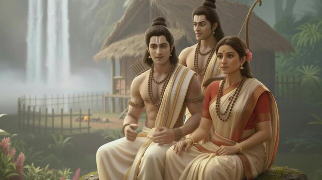 Ram Sita Lakshman Sitting Together in Forest &mdash; cinematic stock footage featuring rich detail, vibrant atmosphere, and realistic motion. Perfect for mythology, documentaries, reels, and VFX scenes.