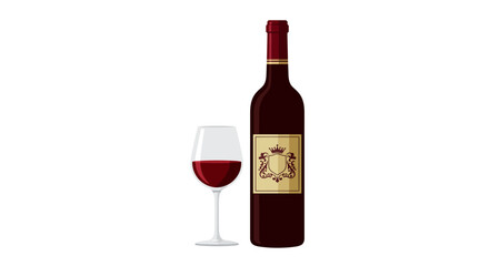 A bottle of red wine stands next to a glass partially filled with red wine